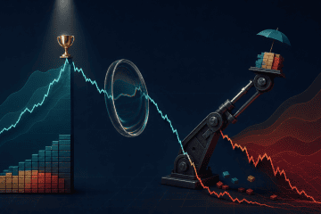 Visual meme showing a trophy on a short equity peak, a leverage arm, and a tiny umbrella facing a broad volatility drawdown