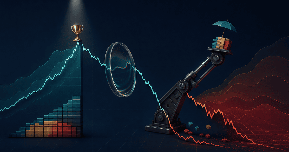 Visual meme showing a trophy on a short equity peak, a leverage arm, and a tiny umbrella facing a broad volatility drawdown